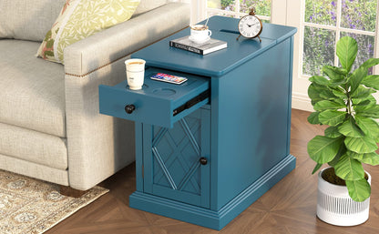 Navy Blue MDF Charging End Table with Storage for Living Room