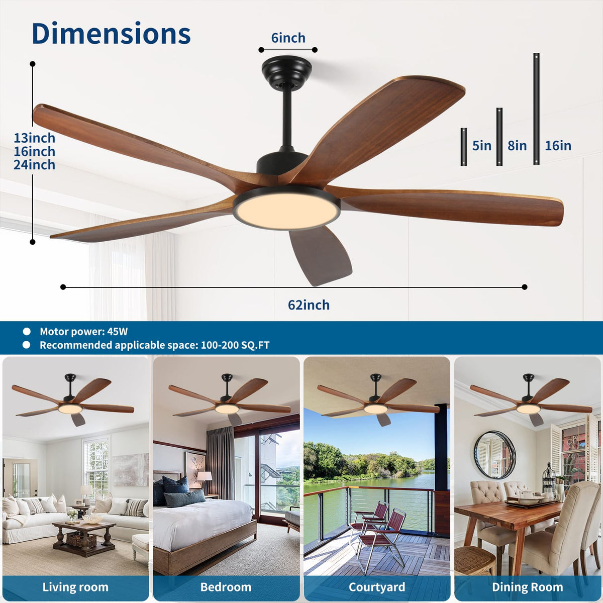 62 Inch Black Walnut Ceiling Fan - Bedroom Fan