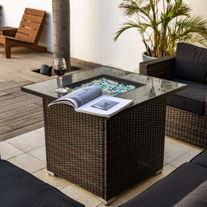 Espresso Wicker Square Fire Pit Table - 28 Inch Outdoor Heating