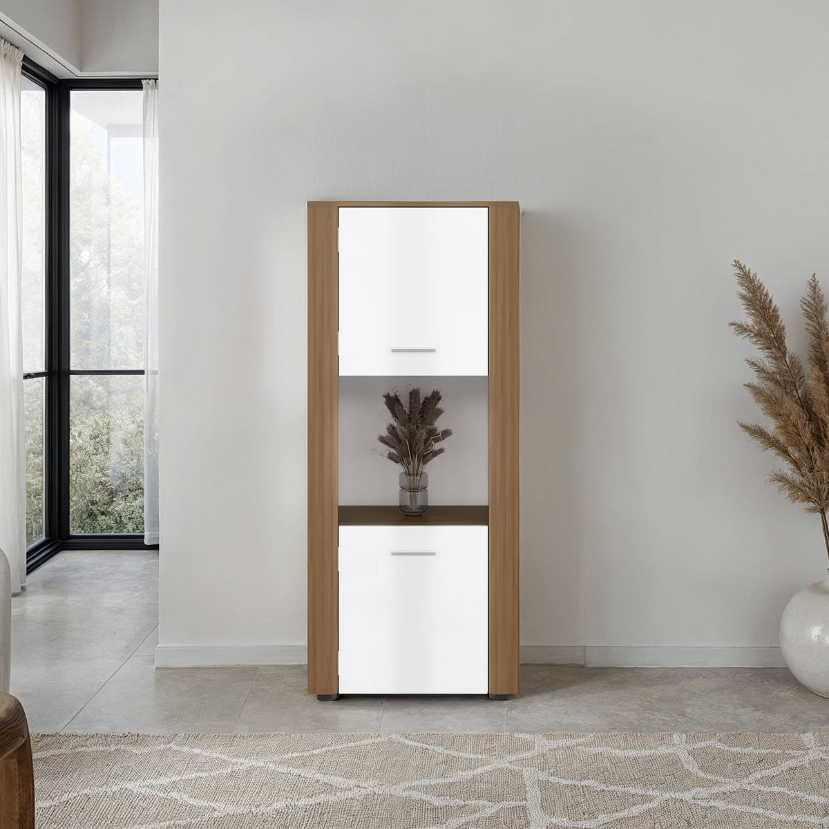 Natural Oak Vertical Storage Cabinet - 3 Shelves for Living Room