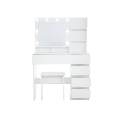 White Makeup Vanity Desk Set with Mirror & Lights - 4 Drawers