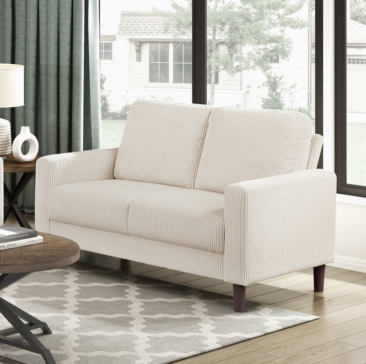 Modern Beige Corduroy Loveseat - Comfortable Cushion Solid Wood