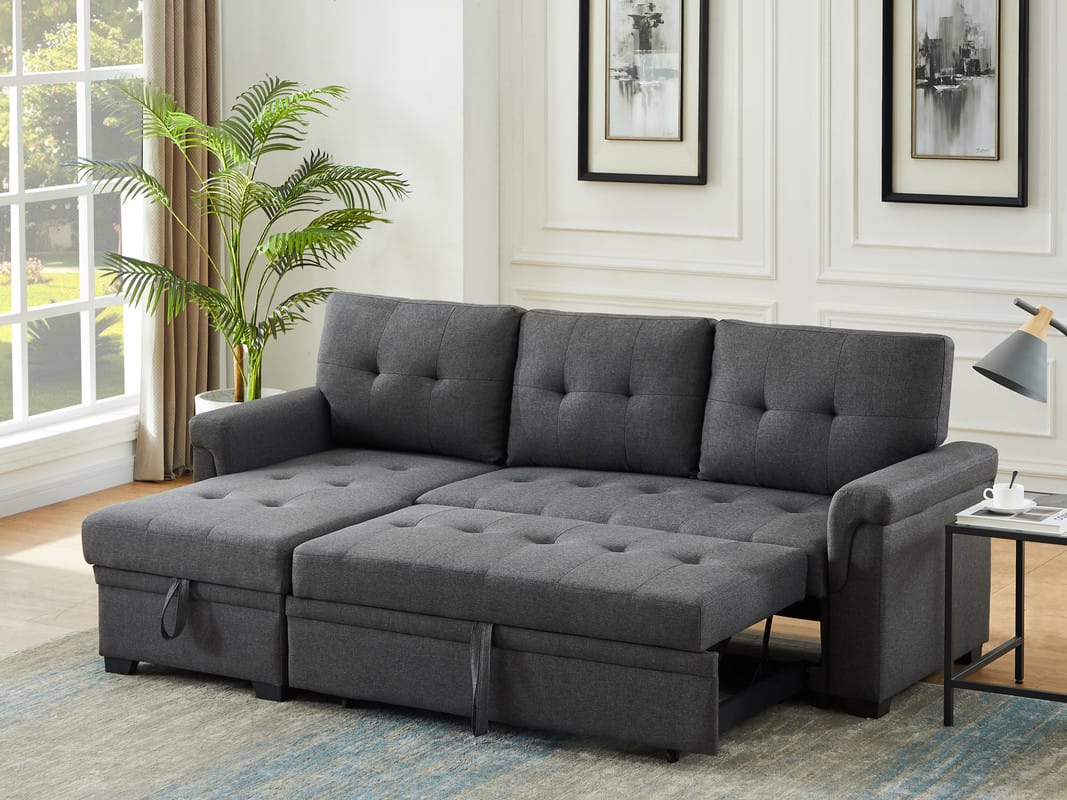 Dark Gray Linen 3 Seat Sectional Sofa with Sleeper