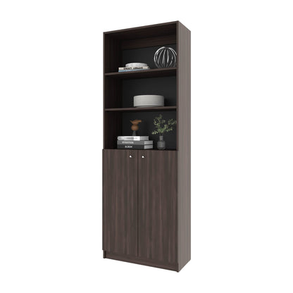 Stained Walnut Bookcase with Open Storage and 2 Doors - 5 Shelves