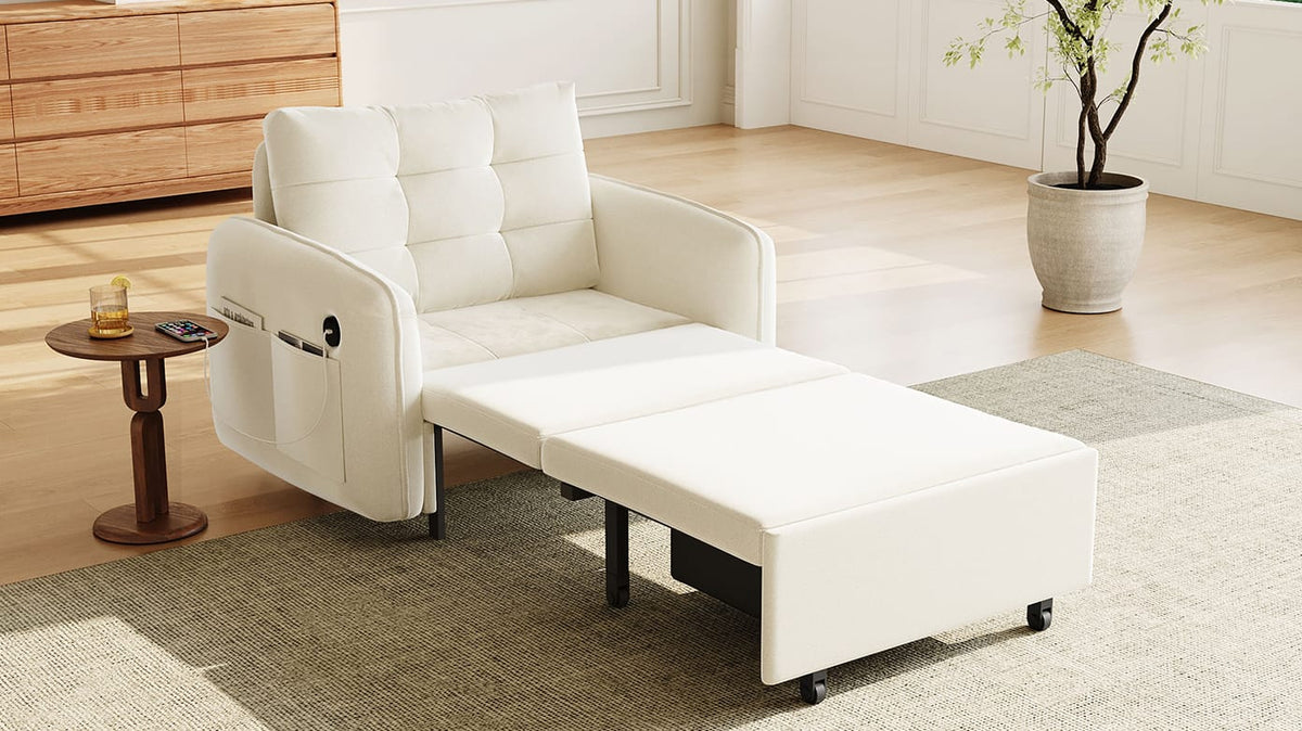 Living Room Beige Chenille Convertible Sofa Bed with Built-in Storage and Charging