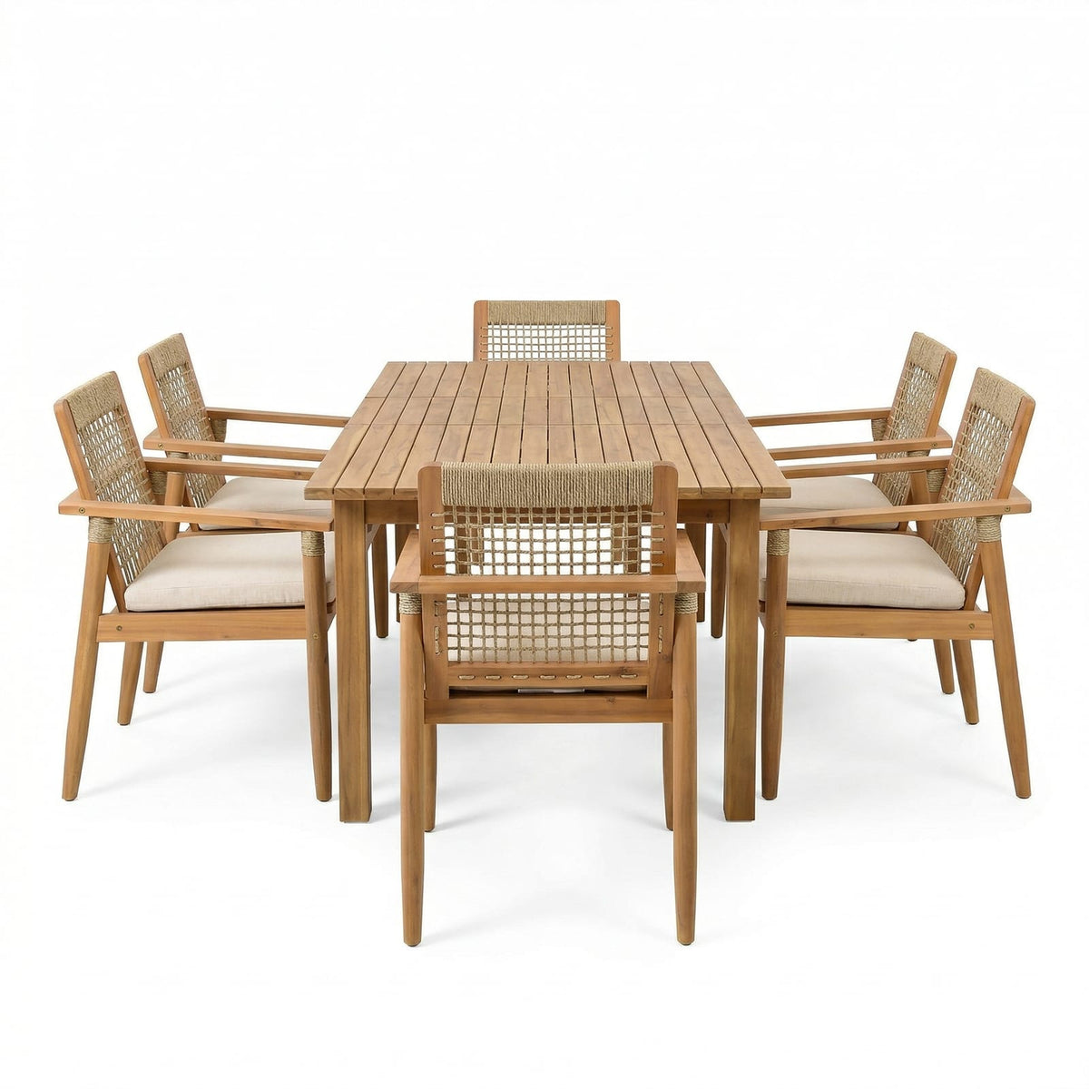 Teak 6 Piece Outdoor Dining Set with Cushions - Patio Furniture