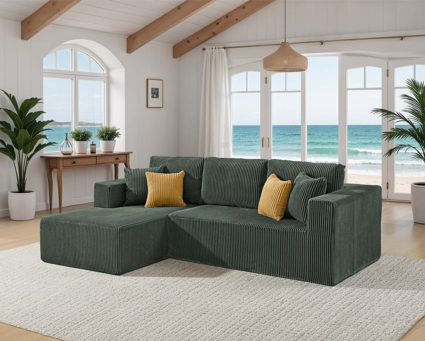 Dark Green 3 Seat Corduroy Sectional Sofa