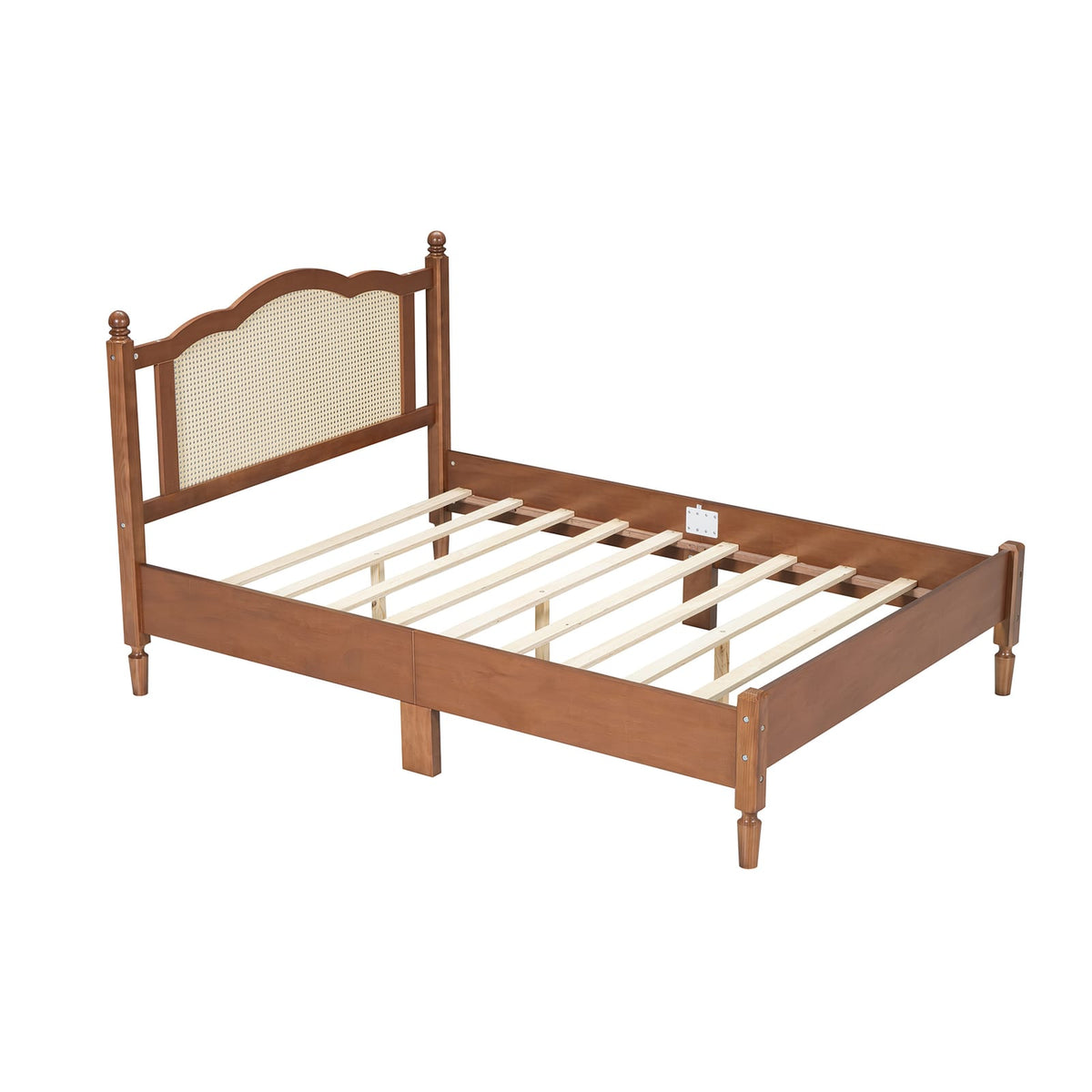 Full Size Walnut Rattan Bed Frame - No Box Spring Needed