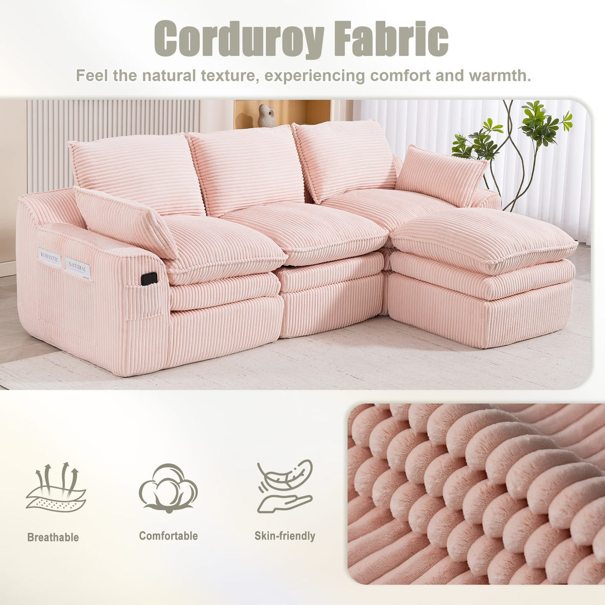 Pink Corduroy 3-Seat Sectional Sofa - Plush Comfort for Living Room