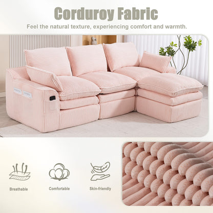 Pink Corduroy 3-Seat Sectional Sofa - Plush Comfort for Living Room