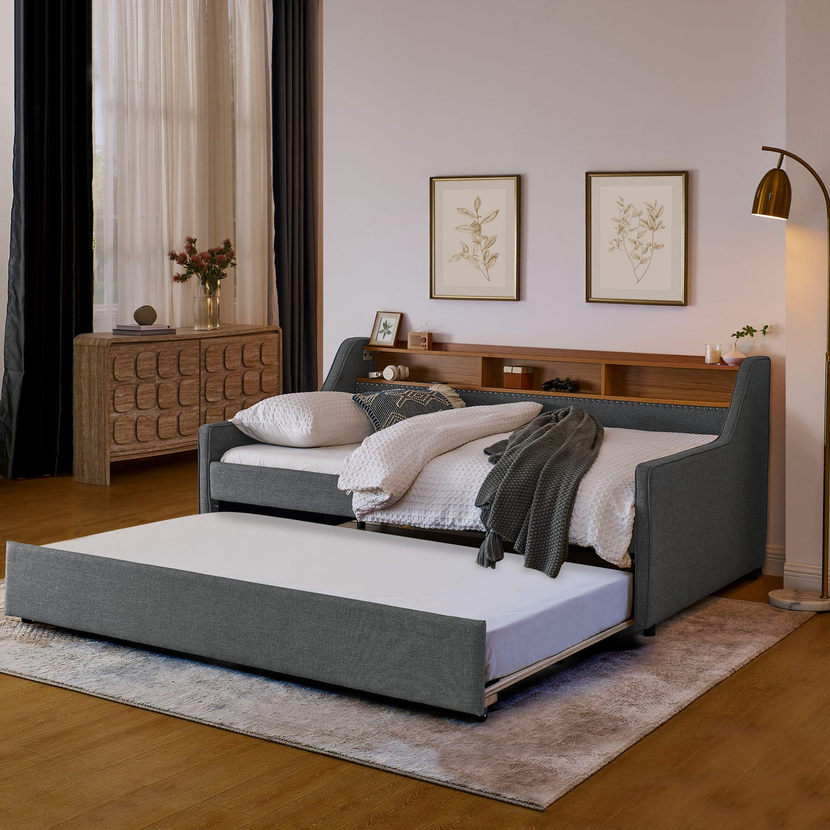 Grey Twin Sofa Bed with LED Lights, Trundle & Charging Storage for Living Room