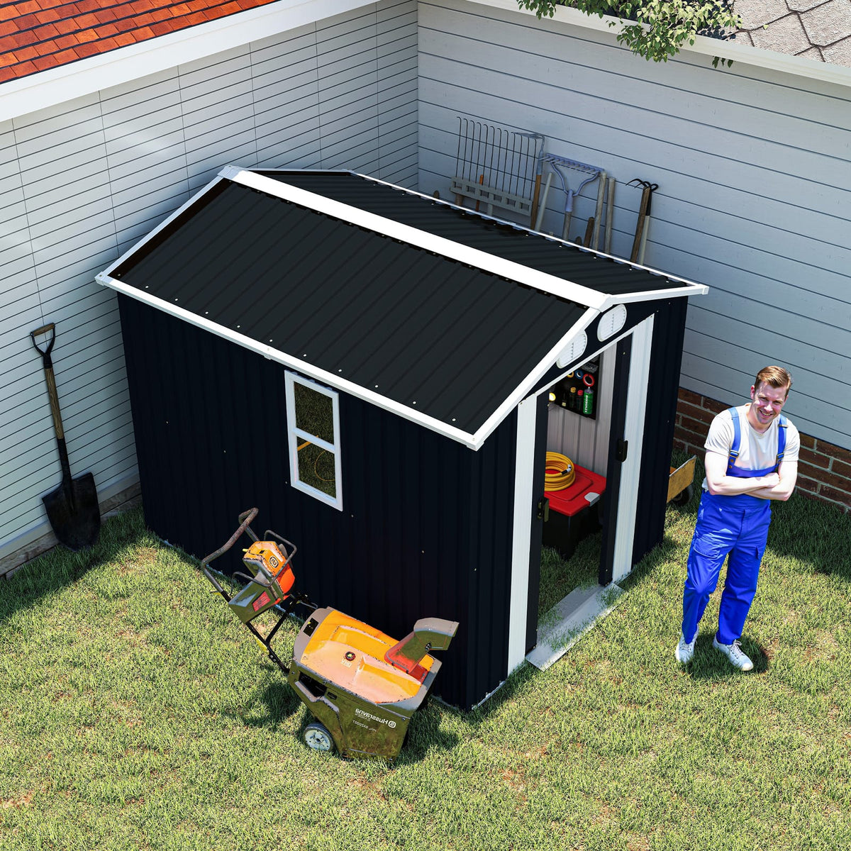 8x6 FT Dark Gray Metal Shed - Outdoor Storage with Lockable Doors