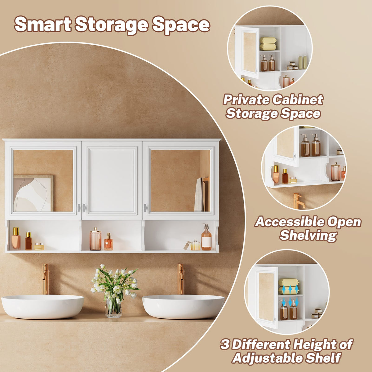 White Bathroom Storage Cabinet Mirror - 55 Inch Wall Mounted Medicine Cabinet