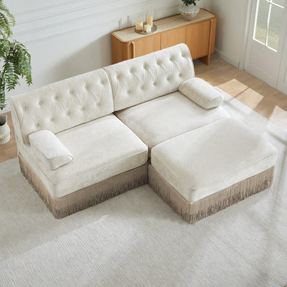 L-Shaped Velvet Sofa Beige, Chesterfield Style with Tassel Skirt