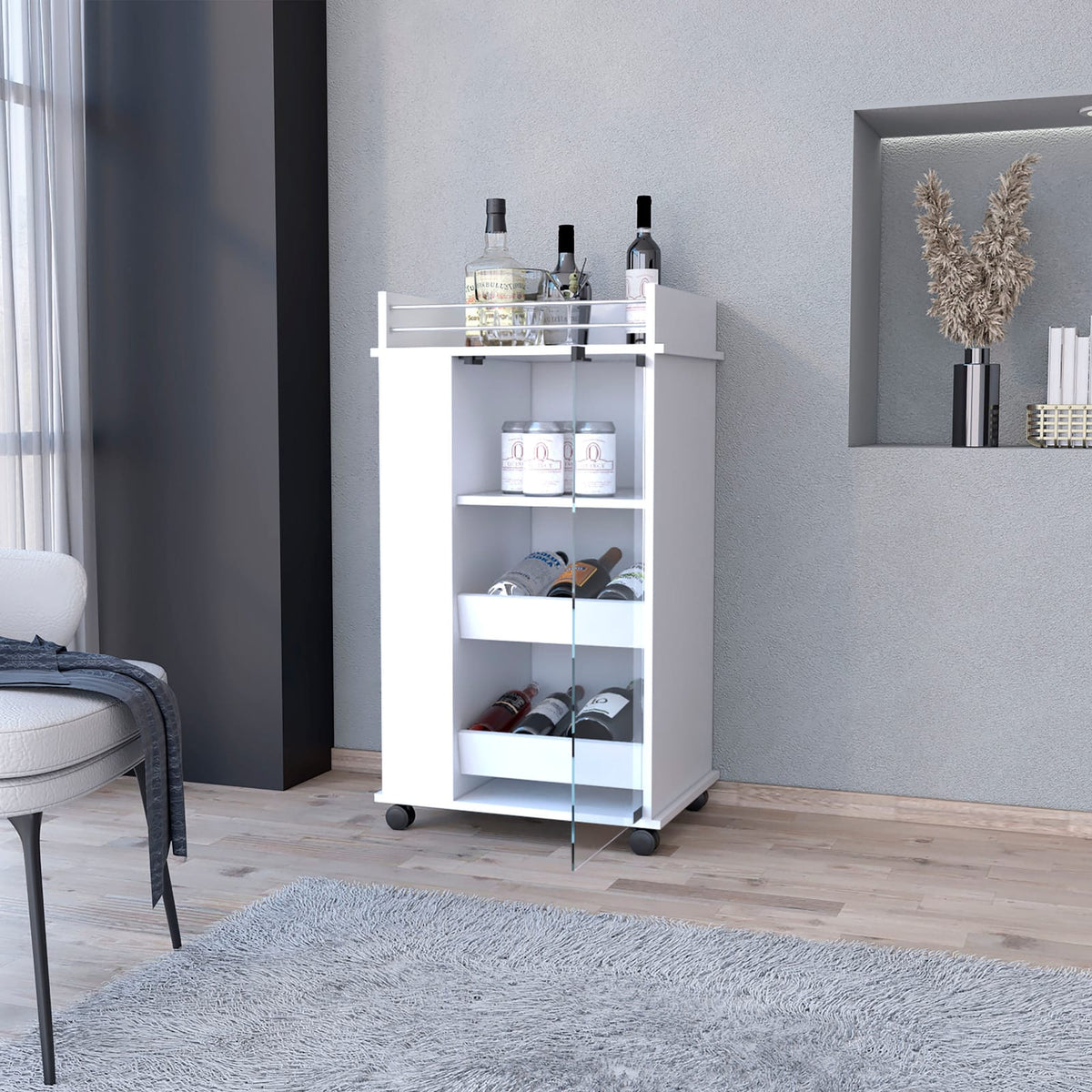 White Engineered Wood Bar Cart - 2 Bottle Holder