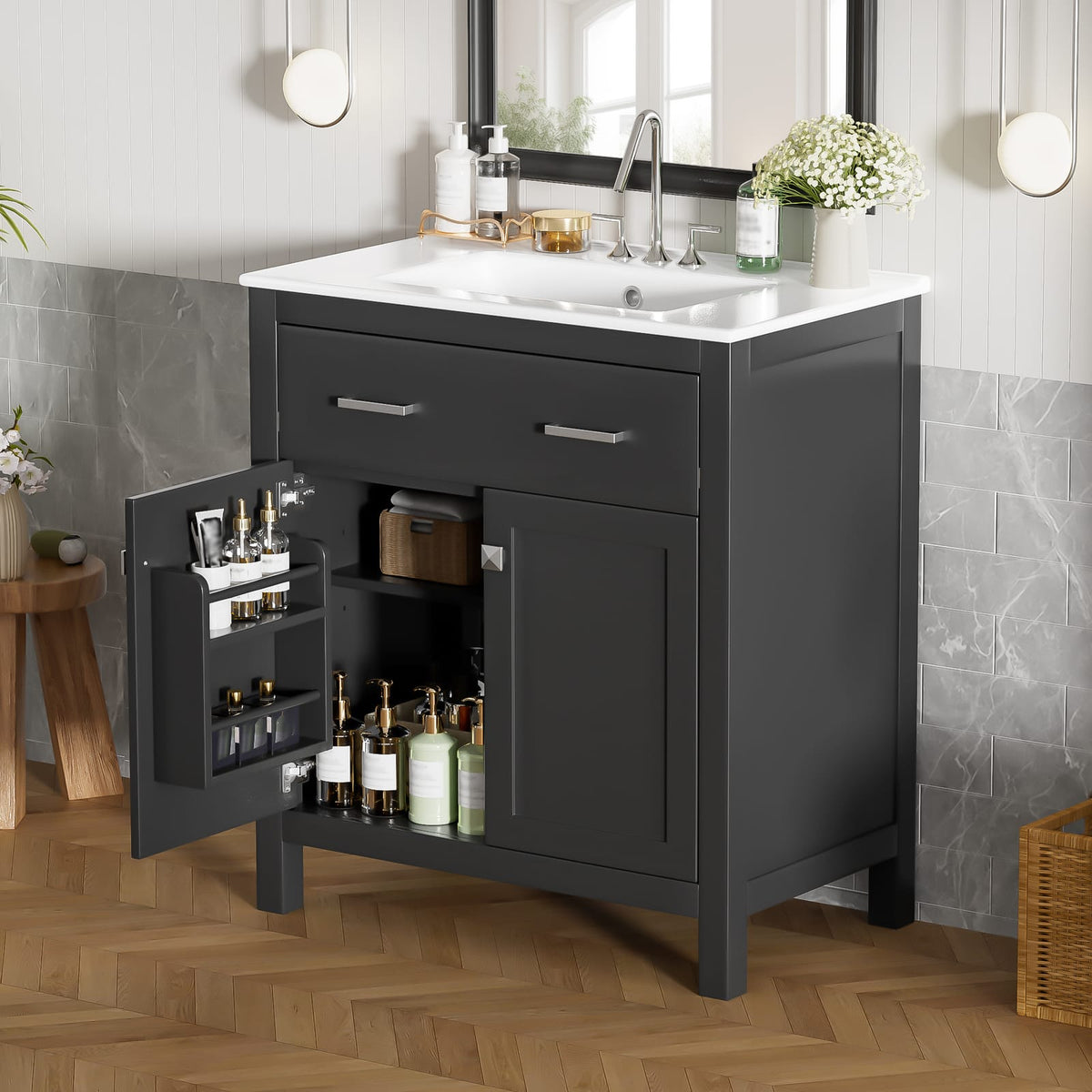 30" Black Bathroom Vanity with Ceramic Sink & Storage