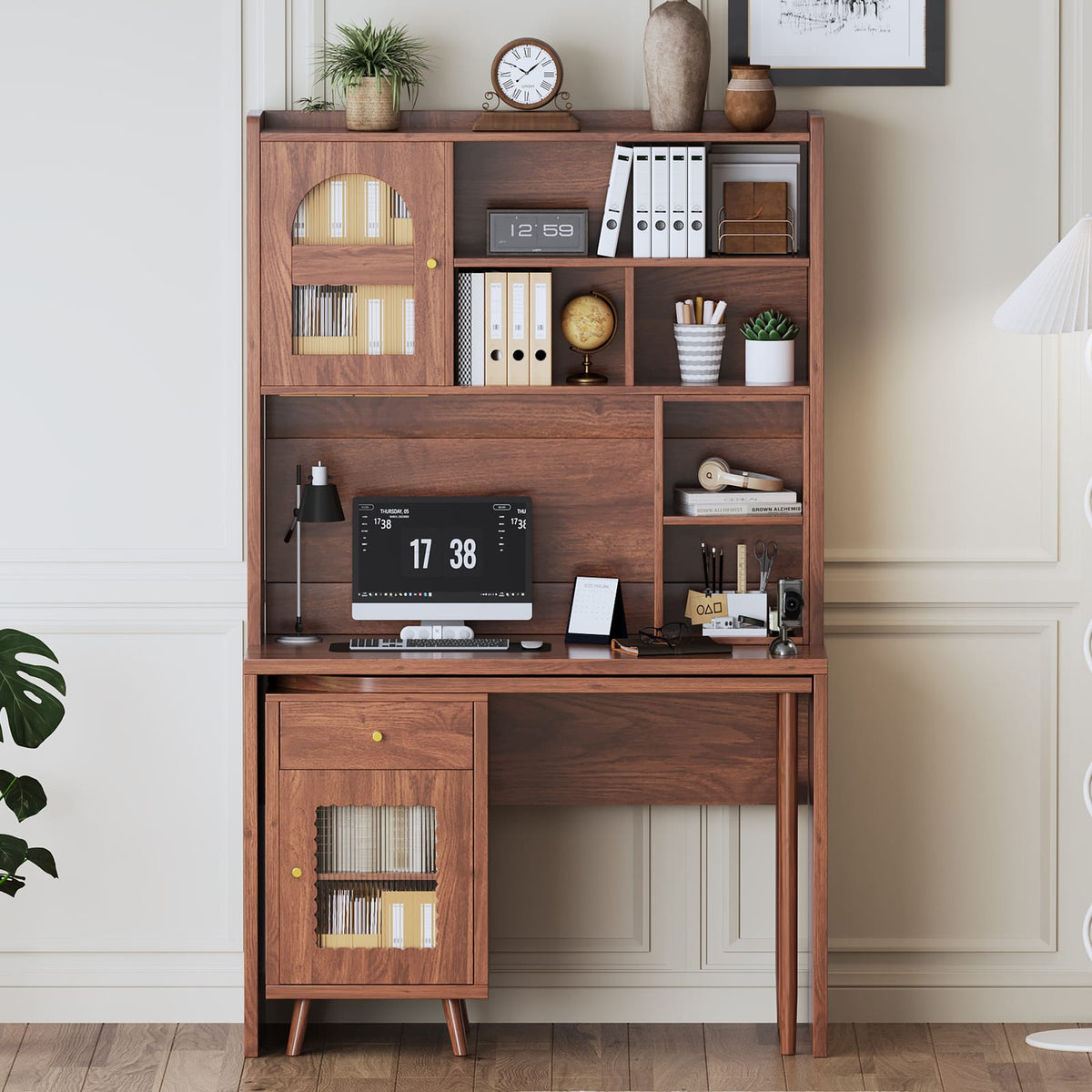 Walnut Rotating Computer Desk with Storage for Work and Study for Home Office