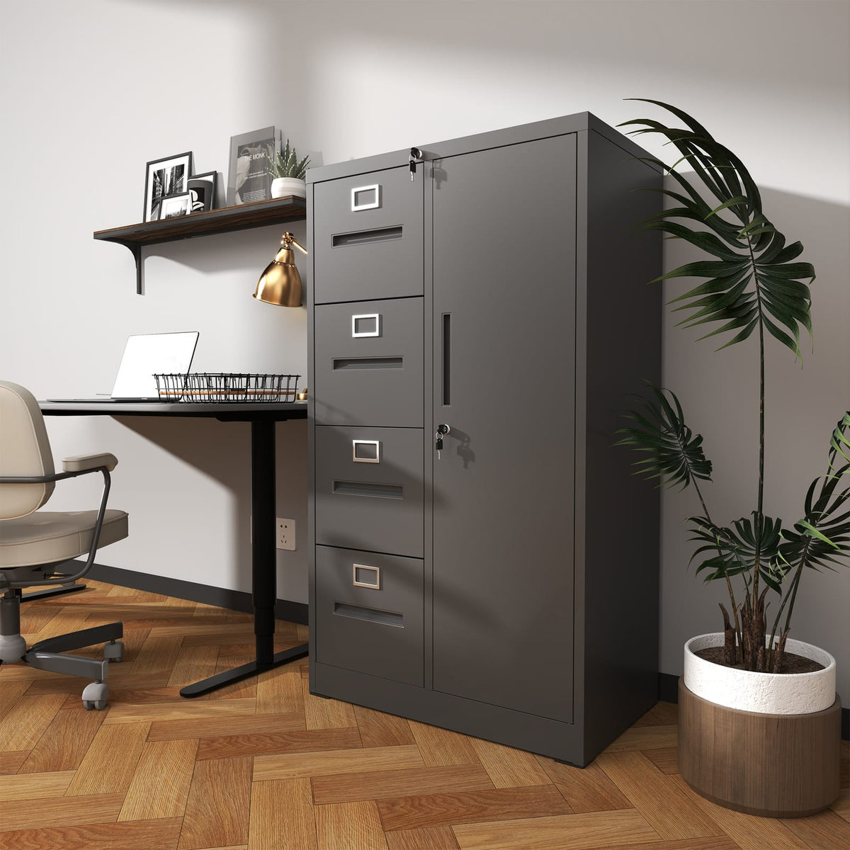 Black Steel File Cabinet - 4 Drawers with Lock - Office Storage