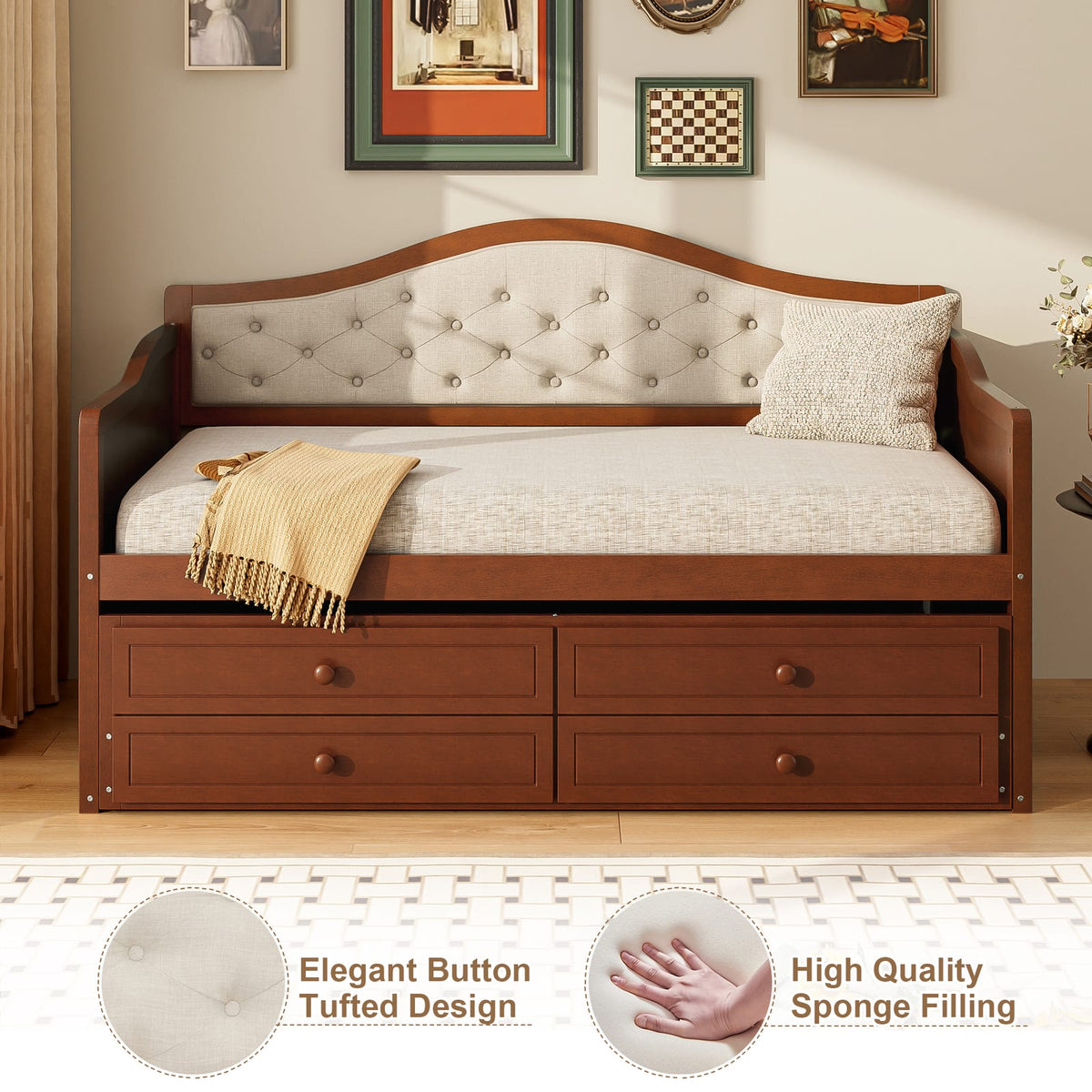 Twin Walnut Daybed with Trundle - Storage Sofa Bed for Bedroom