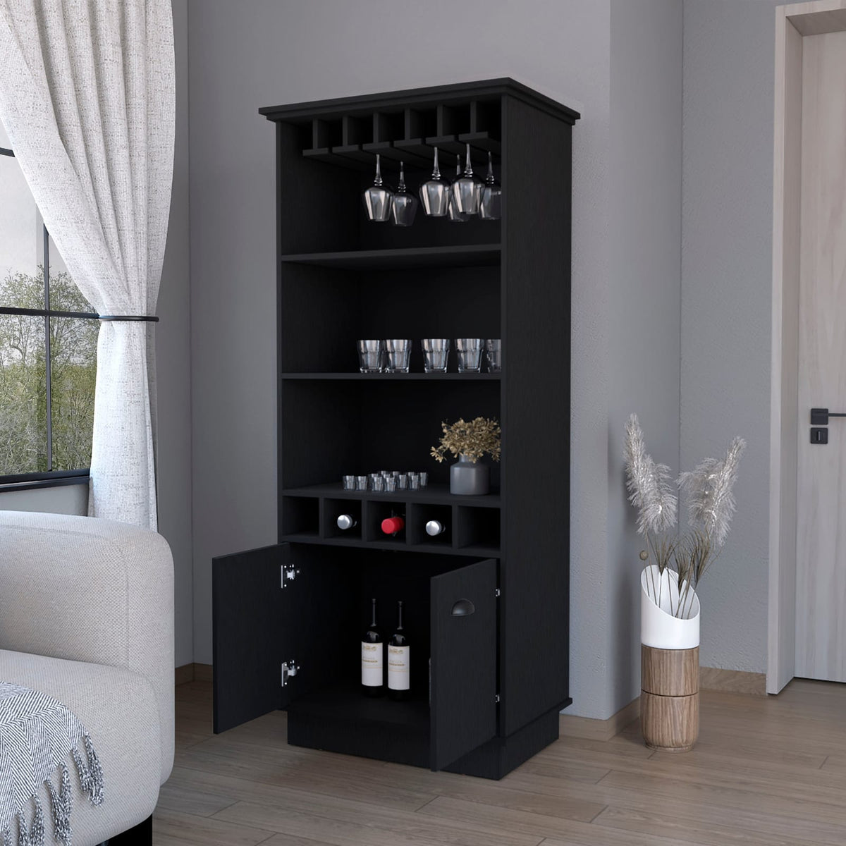 Wenge Bar Cabinet with Glassware Rack - 19"W x 15.7"D x 69.9"H for Living Room