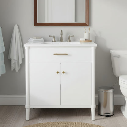 30 Inch White Bathroom Vanity with Sink - MDF & Rubber Wood