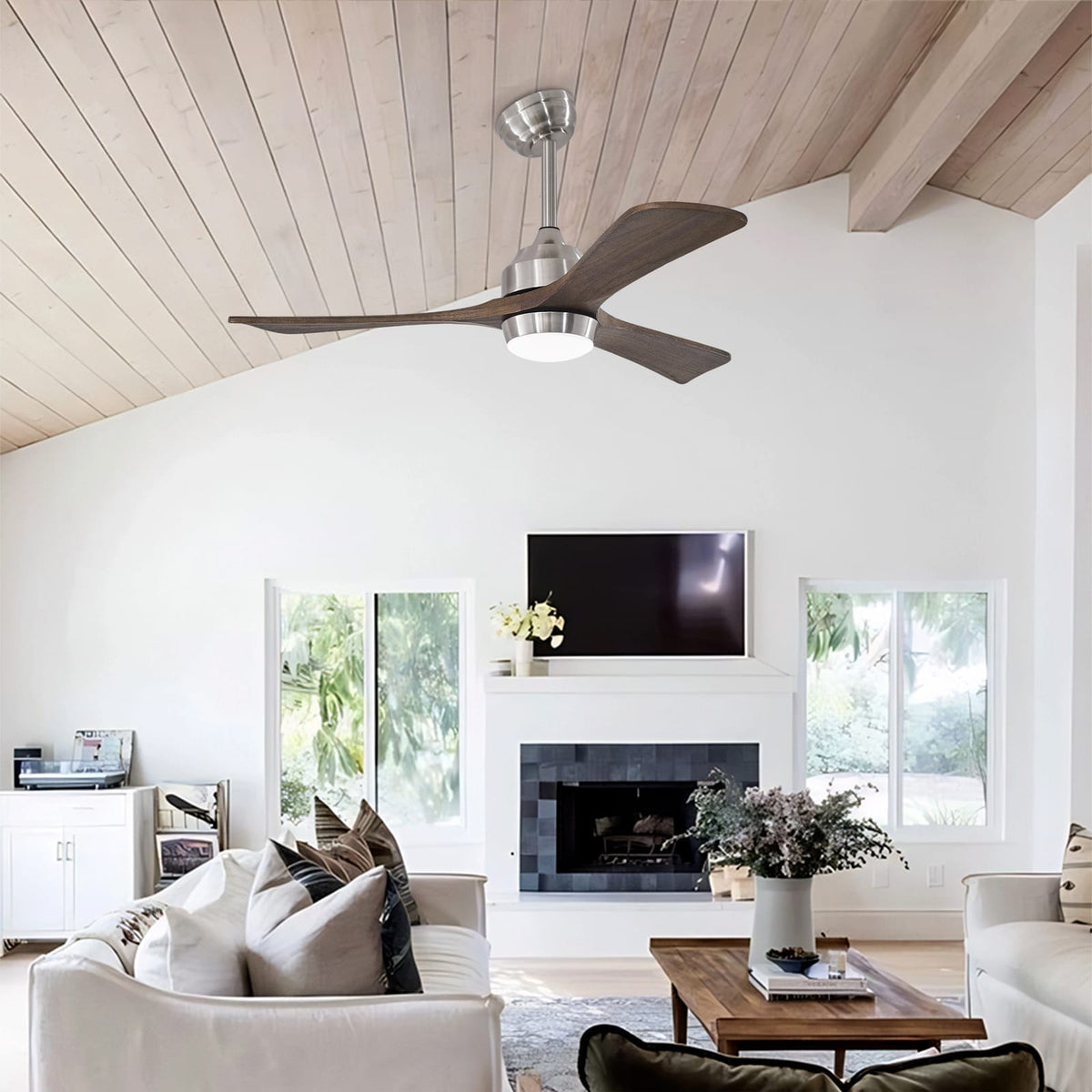 Nickel Wood Ceiling Fan with Light for Bedroom Decor