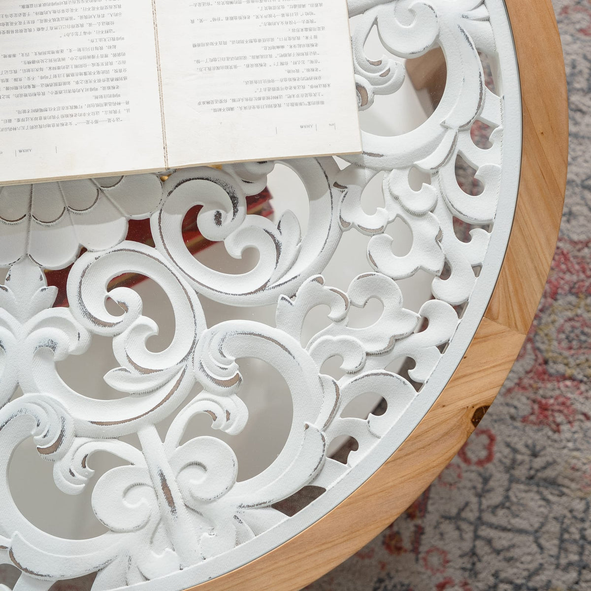 Round Coffee Table with Glass Top - White & Wood