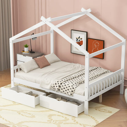 Full Size White Pine Bed with Storage Drawers & Roof Design for Bedroom