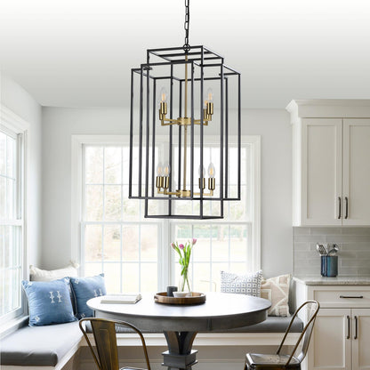 Modern Black Gold Geometric Pendant Chandelier - 8 Lights, Adjustable for Living