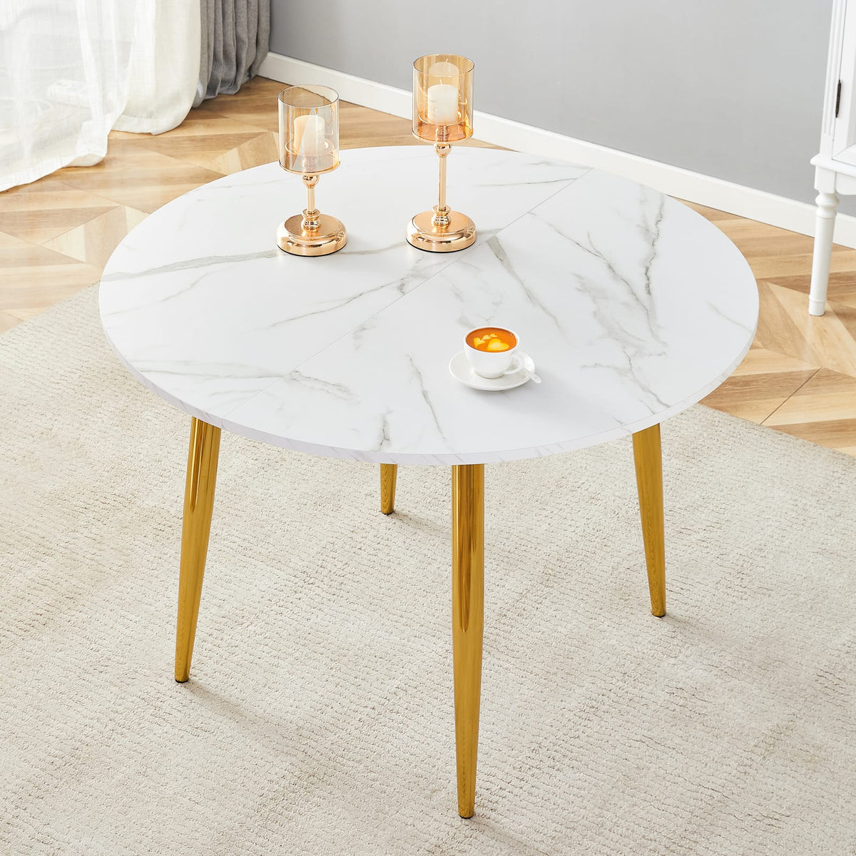 Extendable Round Dining Table - White+Gold MDF Metal for Dining Room