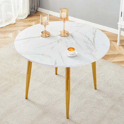 Extendable Round Dining Table - White+Gold MDF Metal for Dining Room
