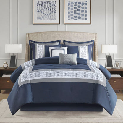 8 Piece Embroidered Navy Queen Comforter Set - Luxurious Comfort
