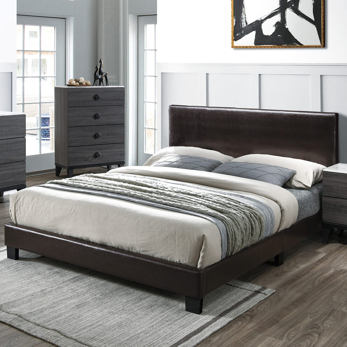 Modern Brown Queen Size Bed Faux Leather Upholstered Headboard