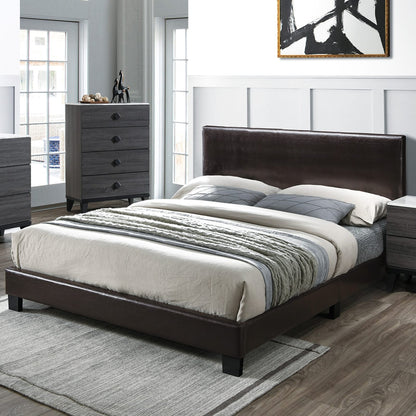 Modern Brown Queen Size Bed Faux Leather Upholstered Headboard