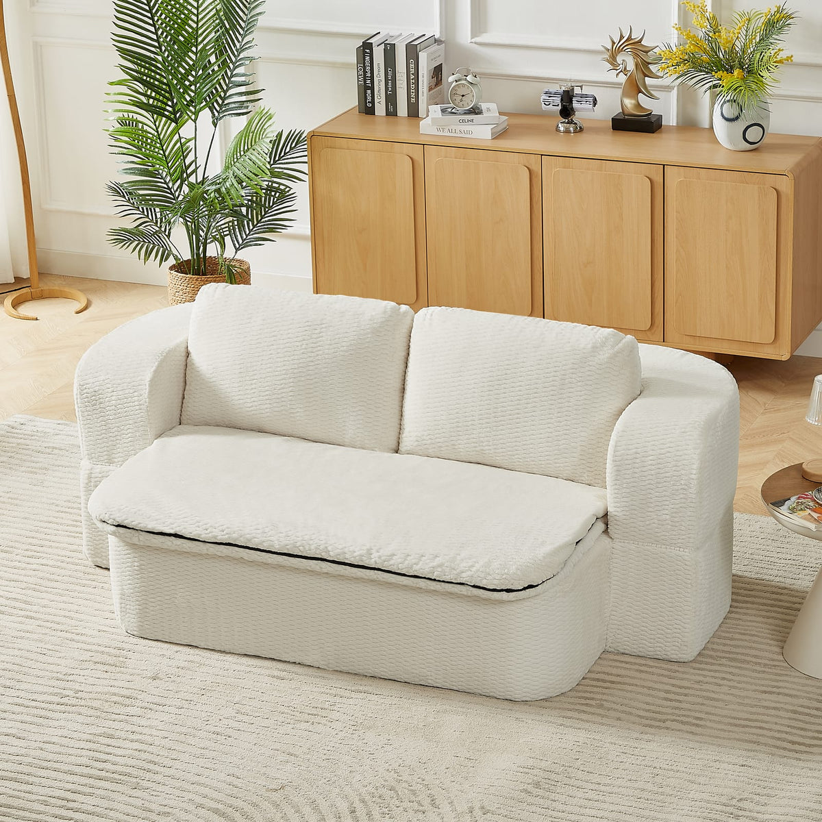Cream Fabric Sofa Bed - 2-in-1 Folding Futon for Living Room