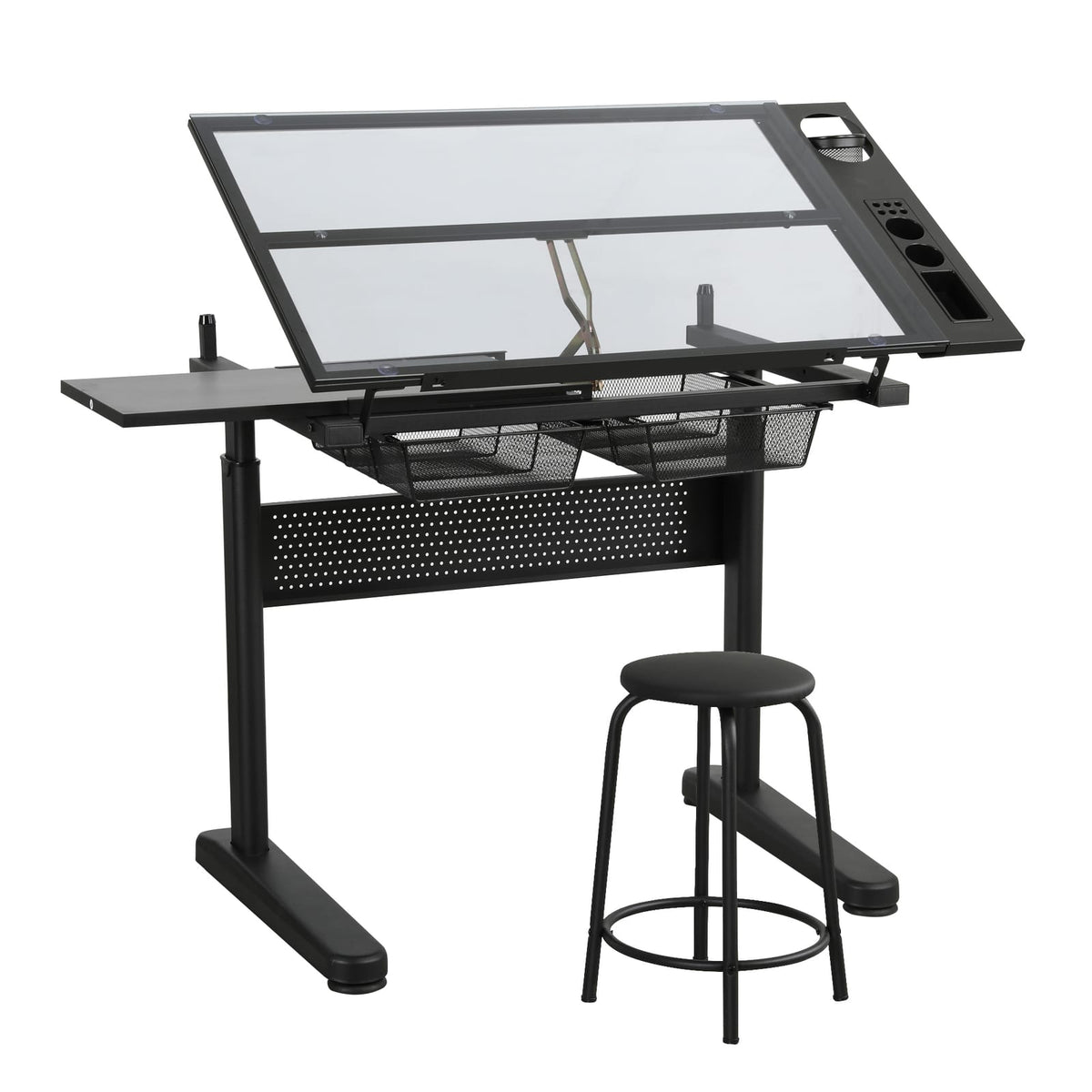 Hand Crank Adjustable Drafting Table - Black with Stool