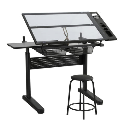 Hand Crank Adjustable Drafting Table - Black with Stool