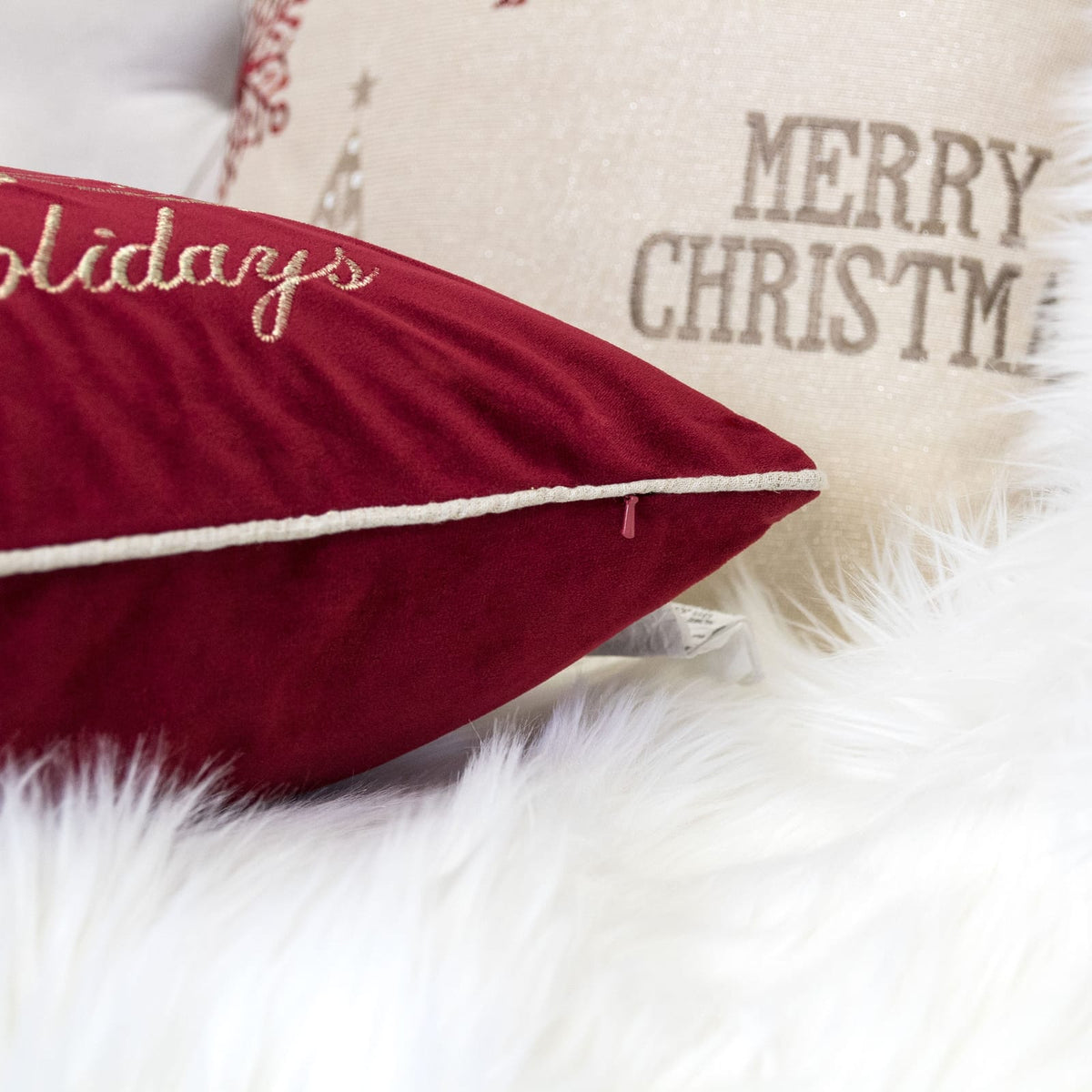 Happy Holidays Embroidered Velvet Throw Pillow 20x20" Red Christmas Accent