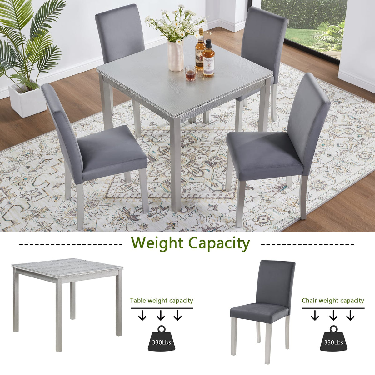 Silver Grey Square Dining Table Set - 4 Chairs