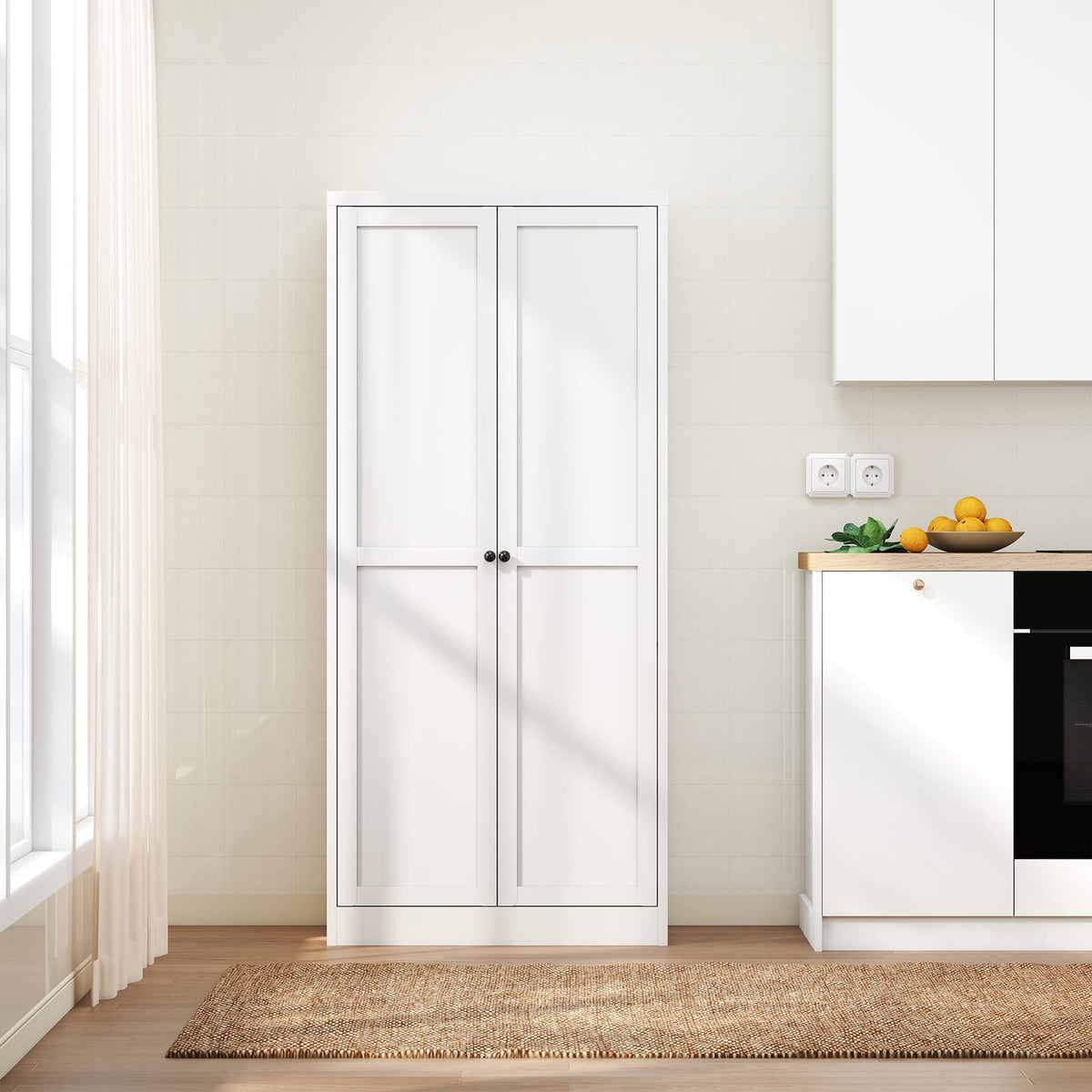 61" White Metal Kitchen Pantry Cabinet - Adjustable Storage