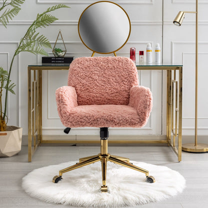 Pink Upholstered Office Chair - Study Desk Chair with Golden Base