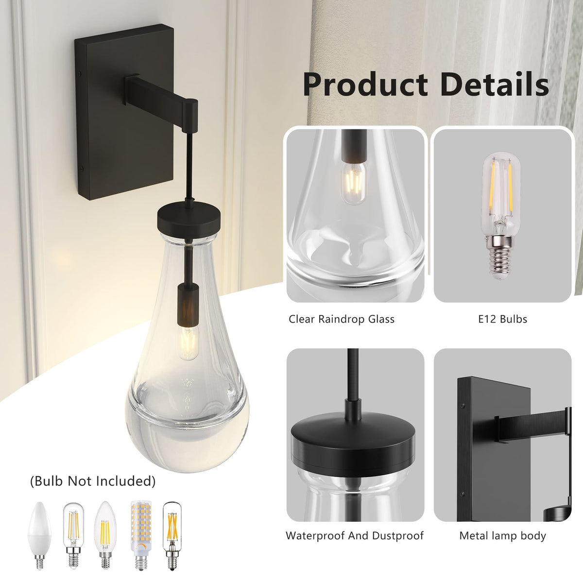 Black Iron Bathroom Sconce - Modern Raindrop Light