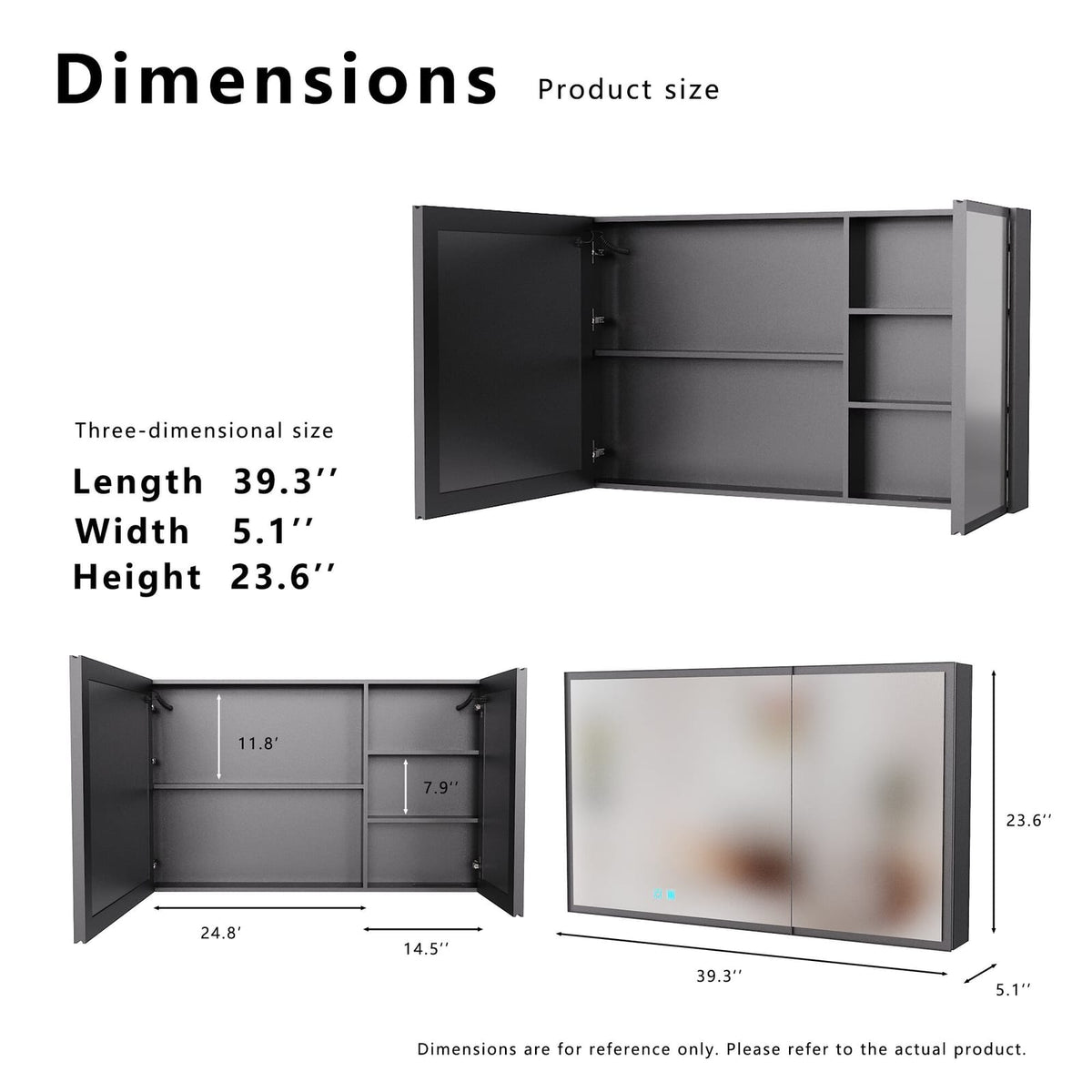 Black Aluminium Wall Mounted Bathroom Mirror Cabinet for Renovation