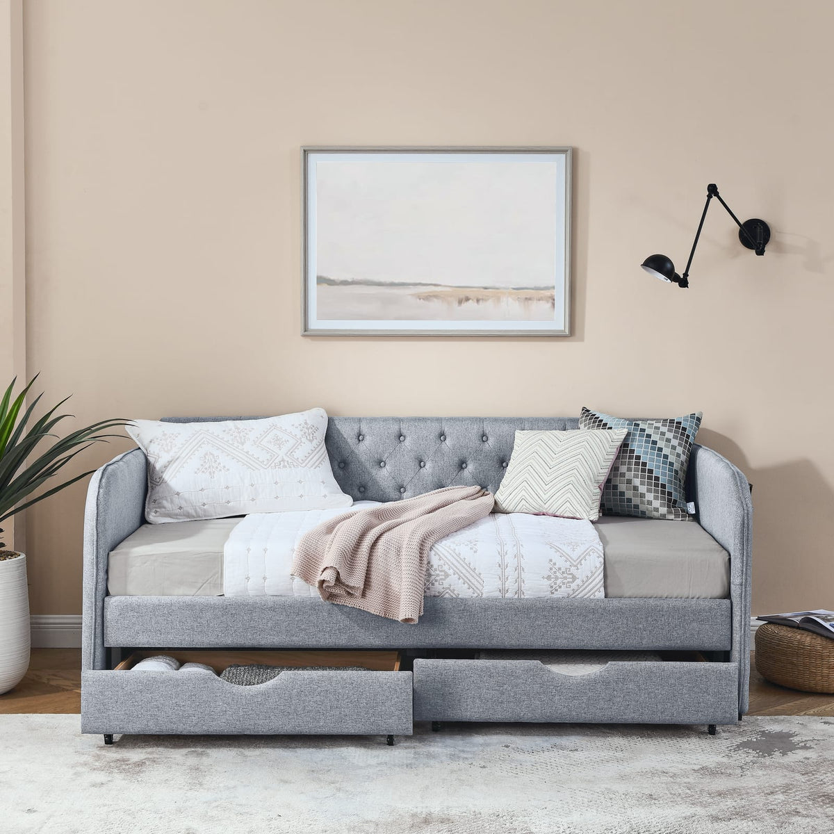 Grey Linen Daybed with Trundle - Twin to King Size