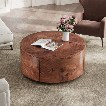 Walnut Burl Wood Rotating Coffee Table with Drawers for Living Room