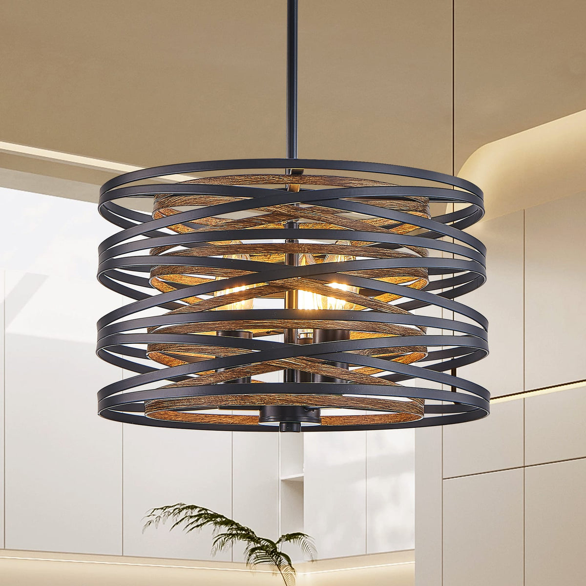 Rustic Industrial Pendant Light - Walnut & Black Metal Cage Chandelier