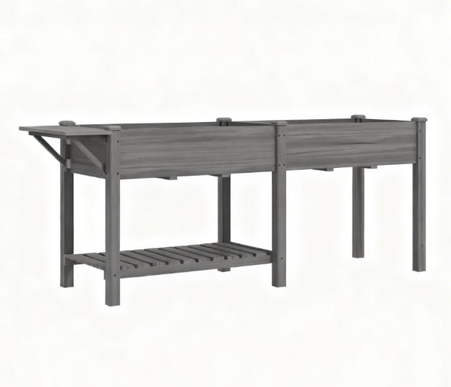 Grey Wood Raised Garden Planter with Table and Storage Shelf