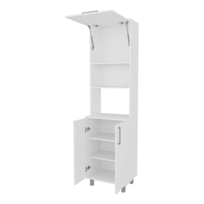 Modern White Kitchen Pantry with Open Storage and Pneumatic Door