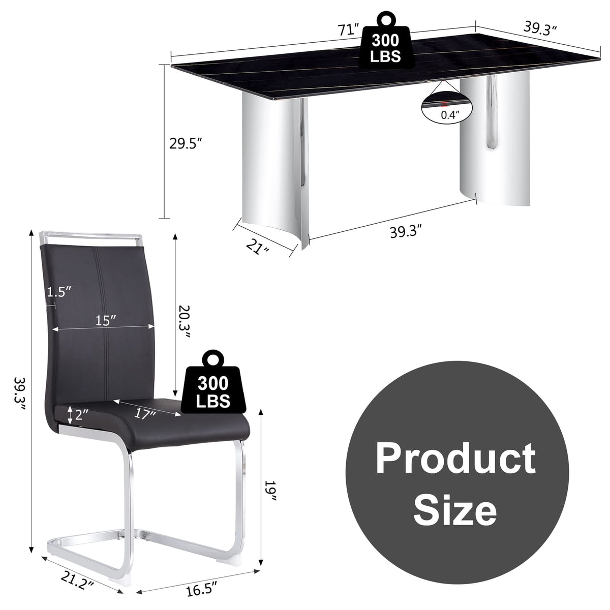 Black Marble Glass Dining Table Set with 8 Comfortable PU Chairs