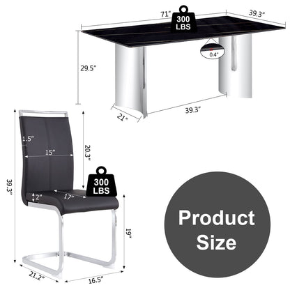 Black Marble Glass Dining Table Set with 8 Comfortable PU Chairs